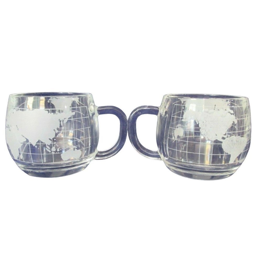 Vintage 1970's Nescafe Nestle Taste the World Etched Globe Mugs A Set of Two GUC - Picture 5 of 12